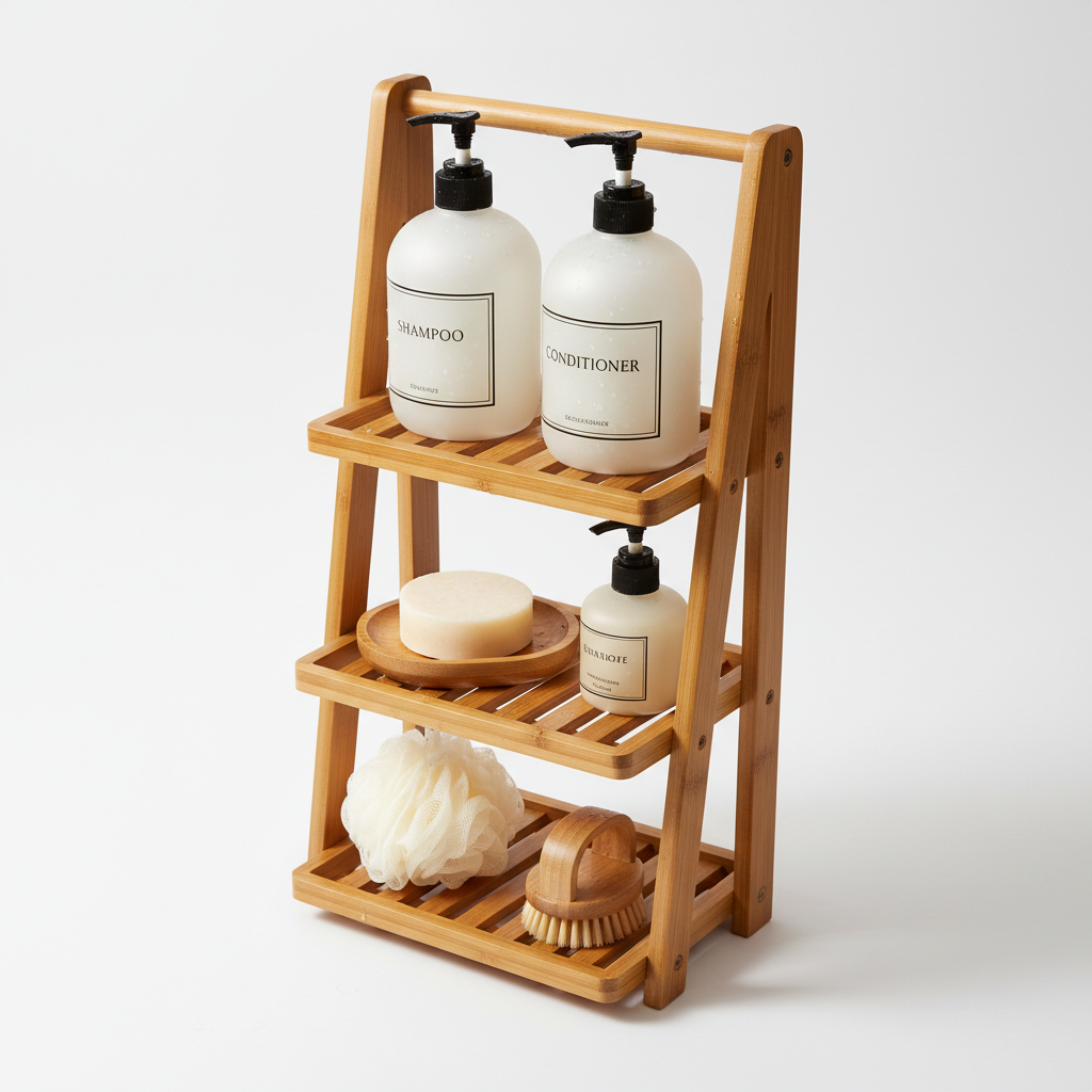 Bamboo shower caddy loaded with toiletries