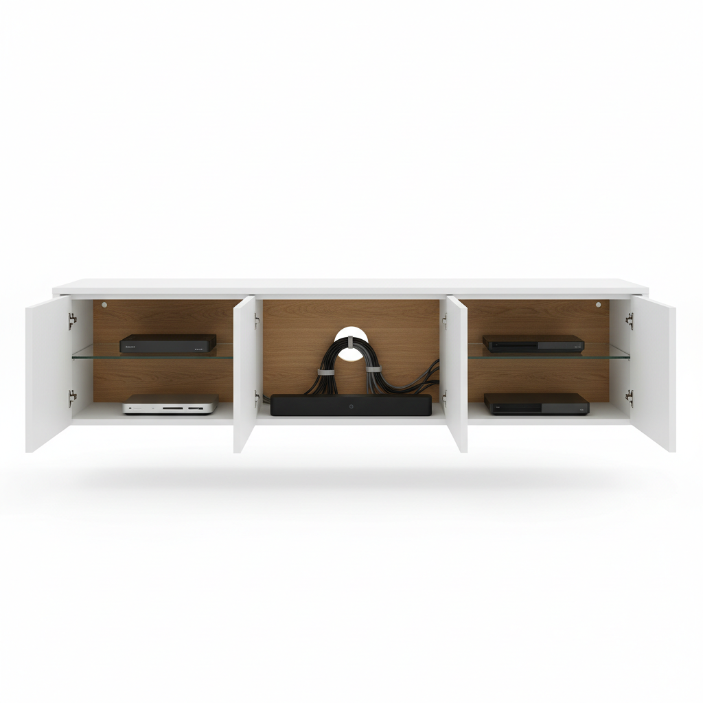TV console with doors open showing interior shelving