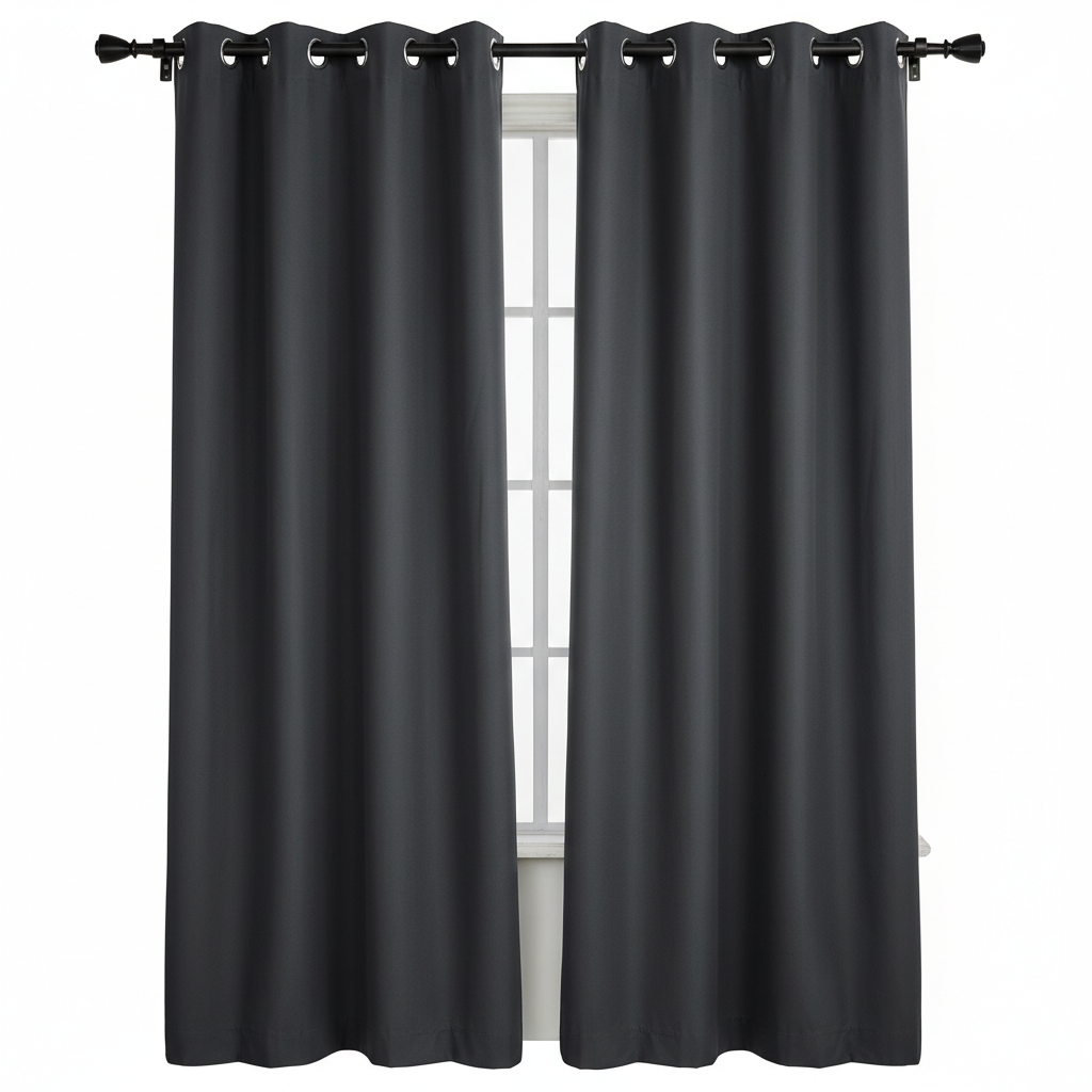 Blackout curtains hanging on rod showing full drape