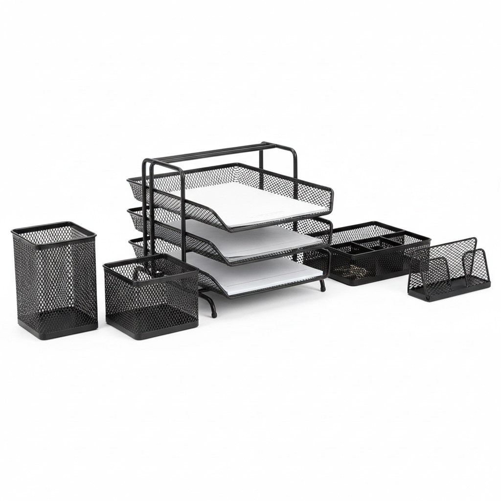 All 5 mesh desk organizer pieces separated in a row
