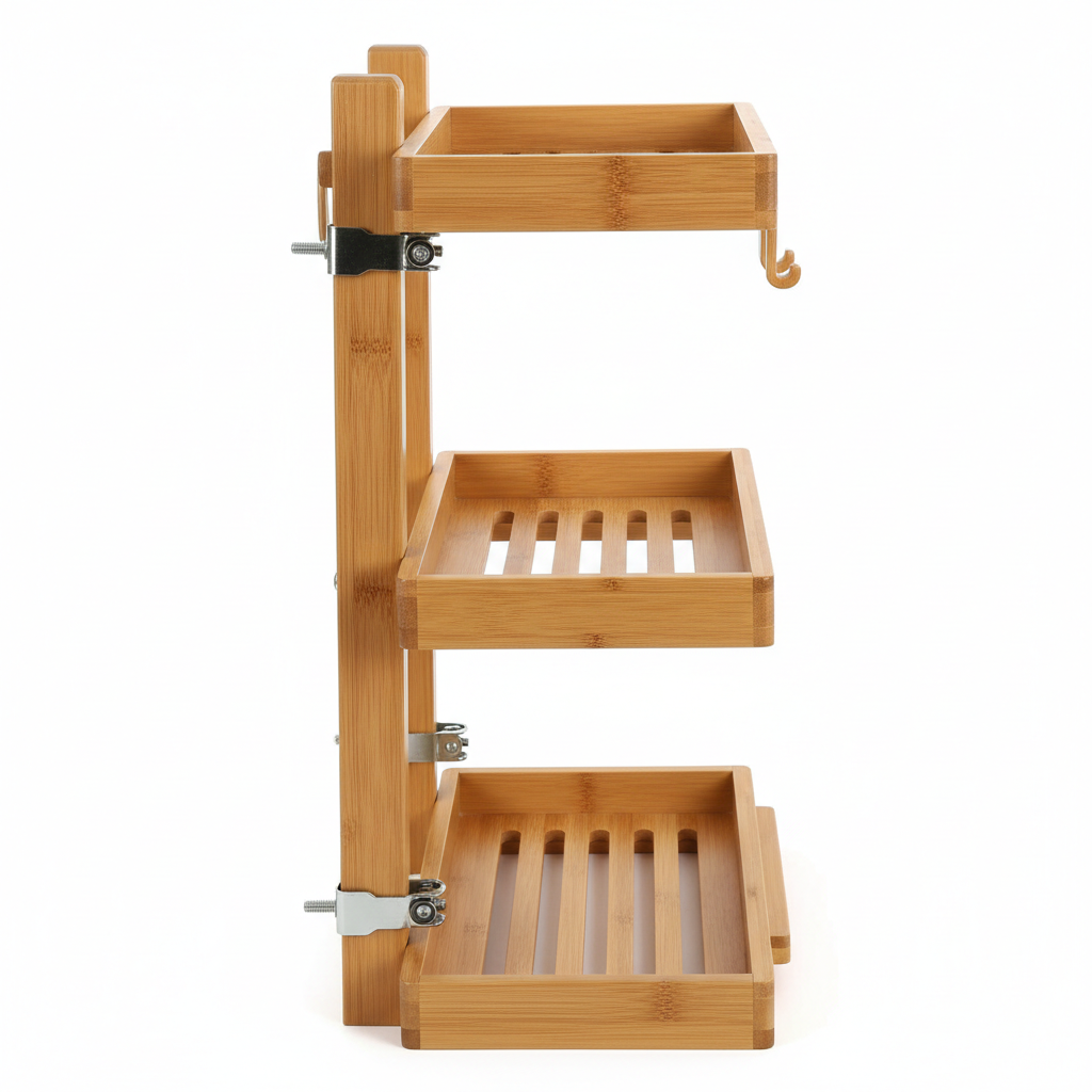 Bamboo shower caddy side angle view