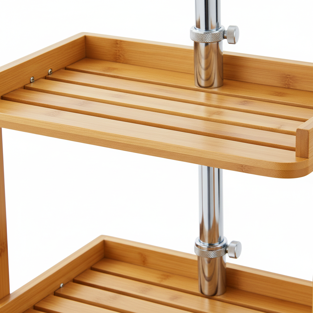 Bamboo shelf slats and pole mechanism detail