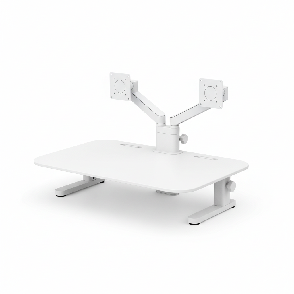 Dual monitor stand 3/4 angle view showing full width