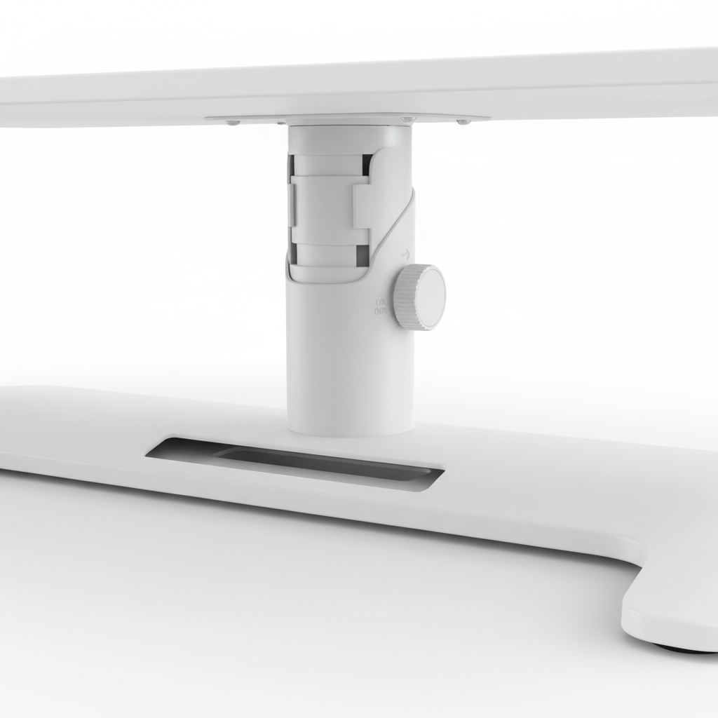 Close-up of adjustable leg mechanism and cable management slot