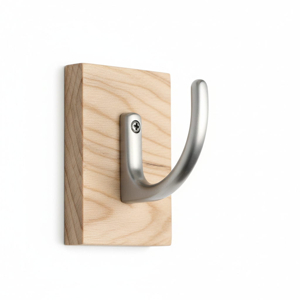 Close-up of metal hook and wood grain detail