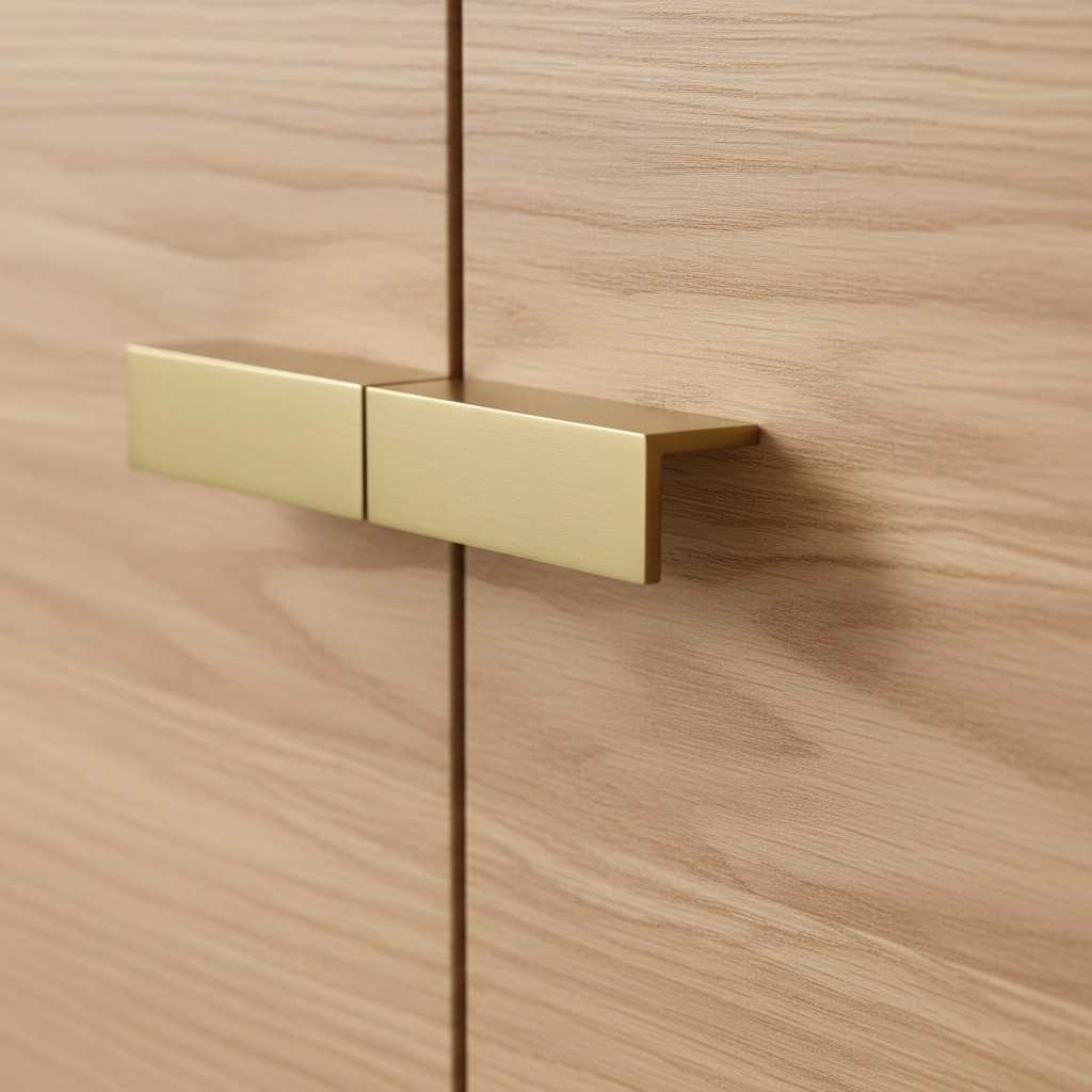 Close-up of cabinet door handle and wood grain