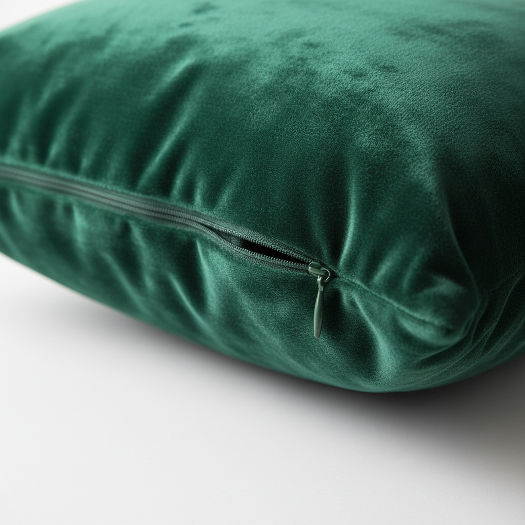 Close-up of hidden zipper closure on velvet pillow cover