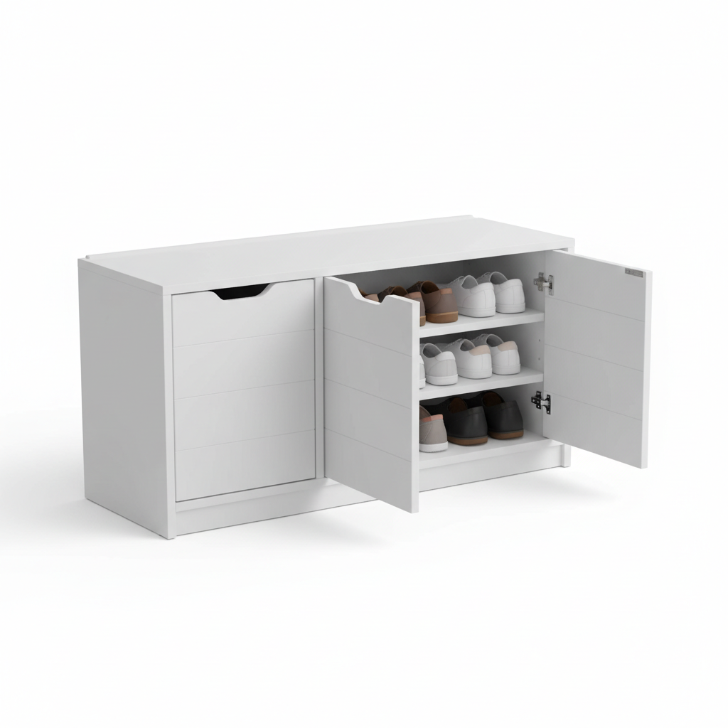 Storage bench 3/4 angle showing bench top and cabinet doors