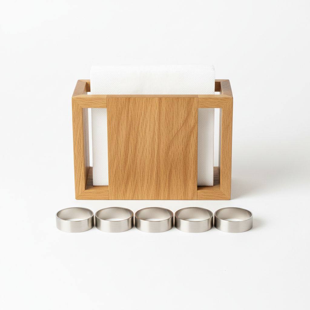 Napkin Holder and Ring Set Wood and Stainless Steel