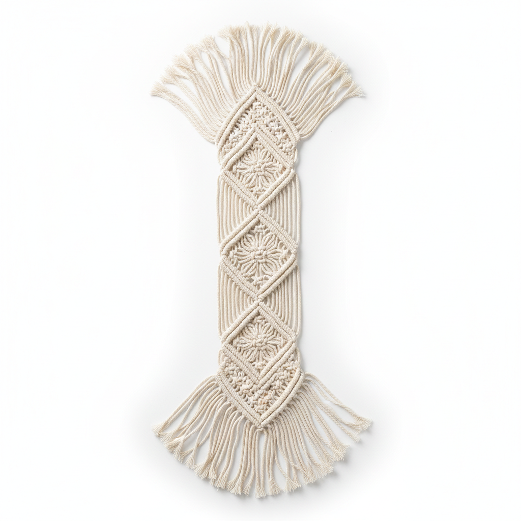 Boho macrame table runner overhead flat lay view