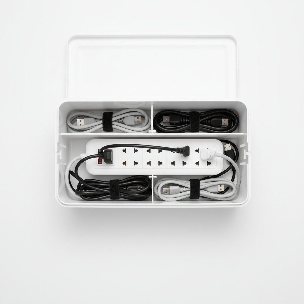 Cable management box lid removed showing interior with power strip