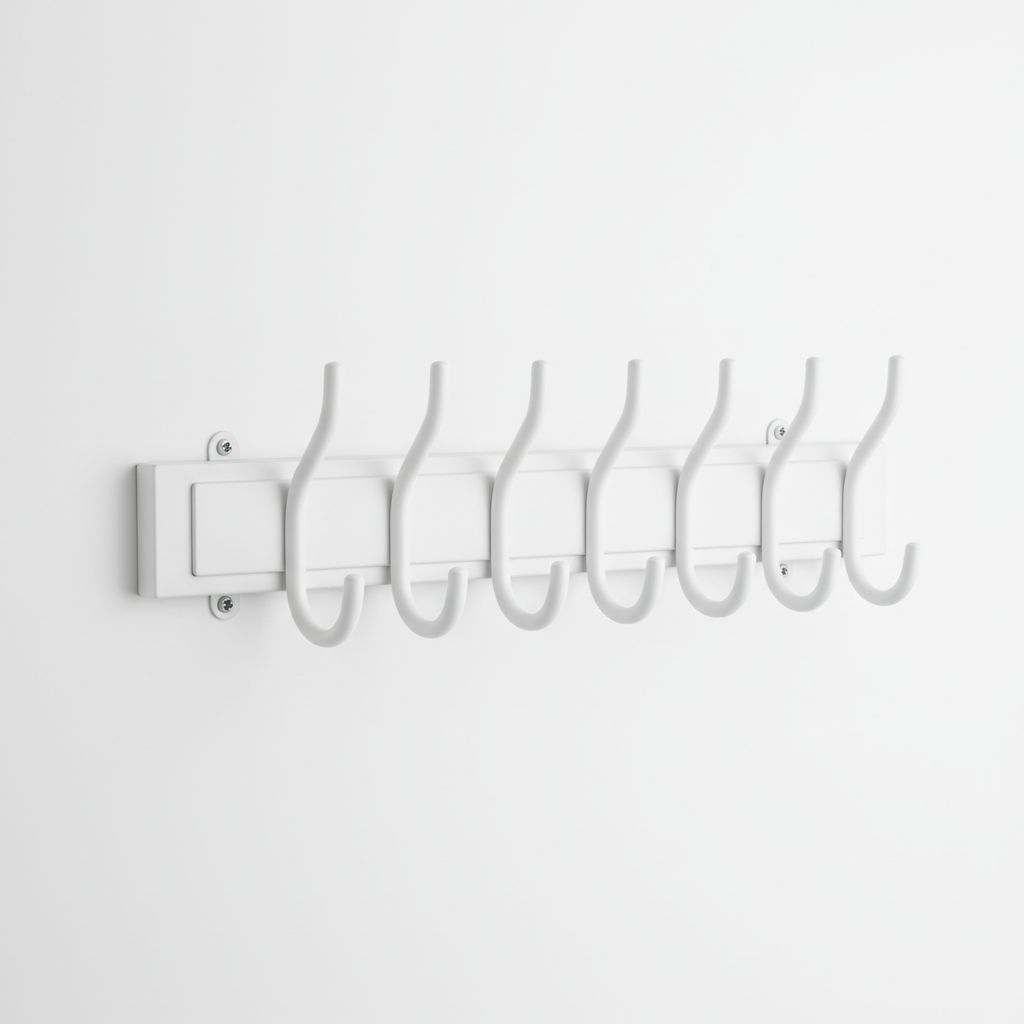 Hook rack side profile showing hook depth and wall mounting