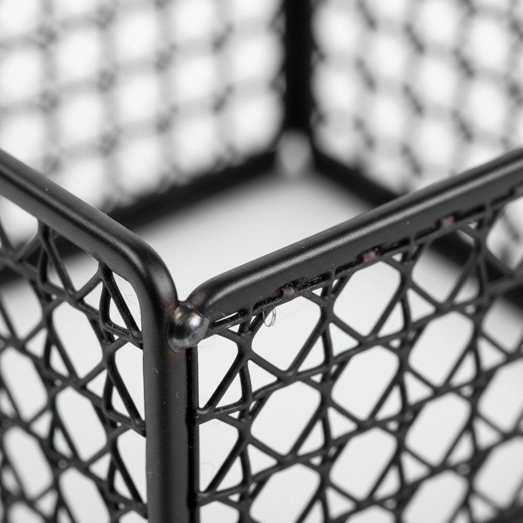 Close-up of black metal mesh texture and welded joints