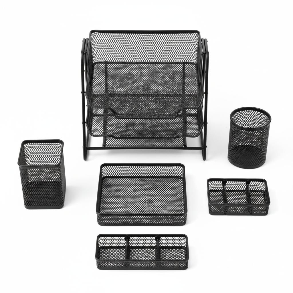 Overhead flat lay of all 5 mesh desk organizer pieces