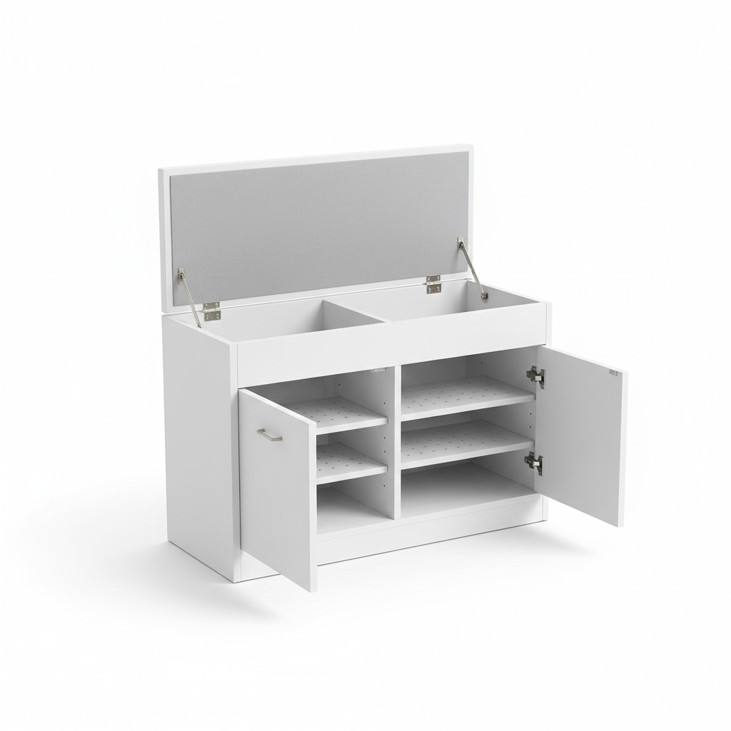 Storage bench lid open showing interior compartment