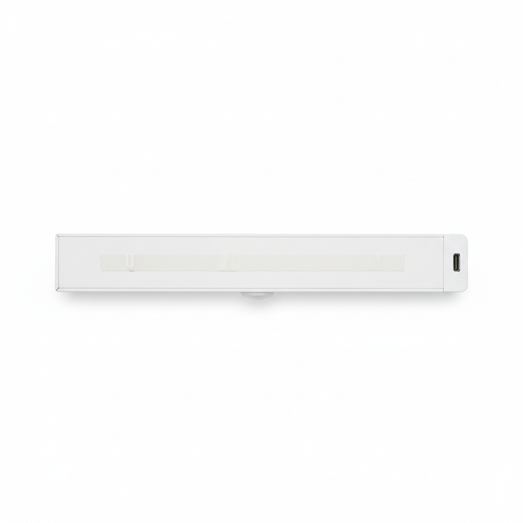 LED under-cabinet light back view showing adhesive tape and USB port