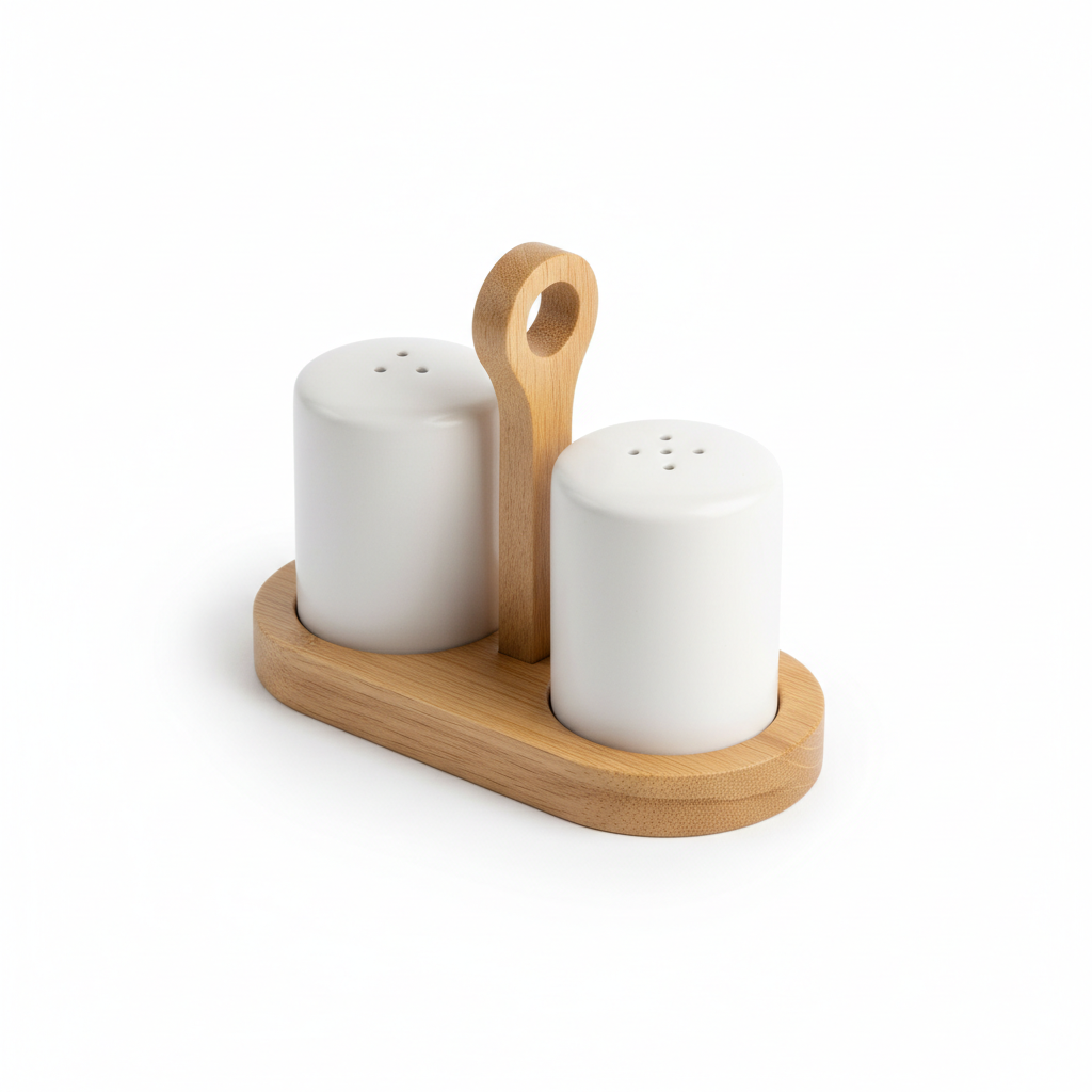 Shaker set 3/4 angle showing both shakers and wood holder