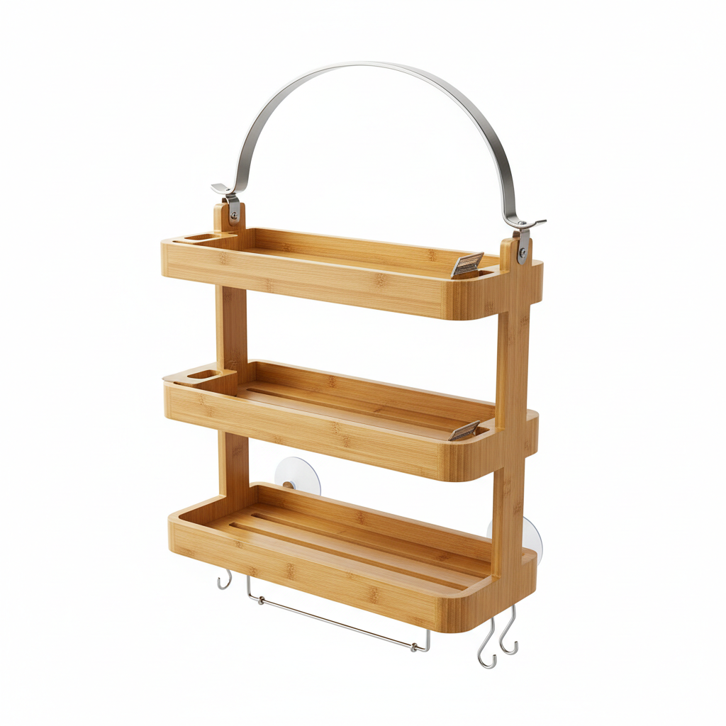 Bamboo shower caddy front view
