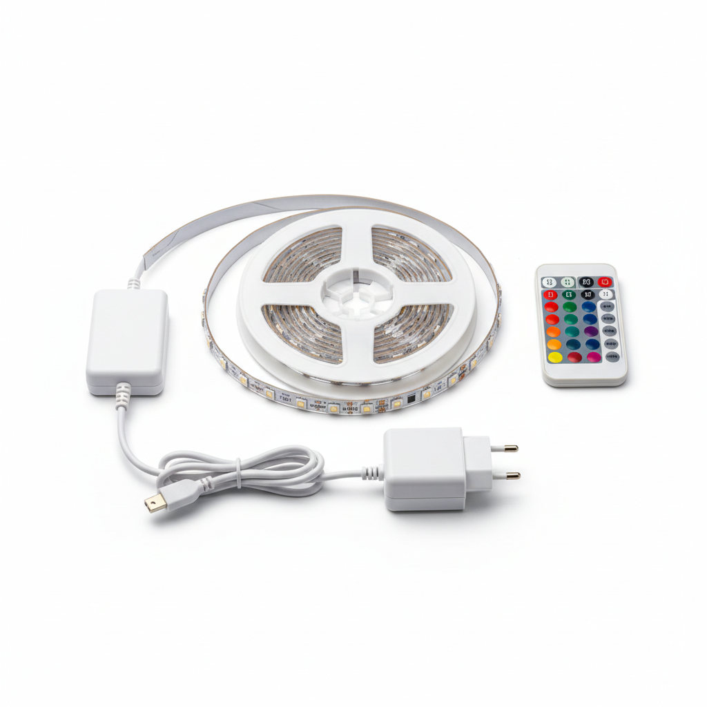 Full kit showing strip reel, controller, remote and power adapter