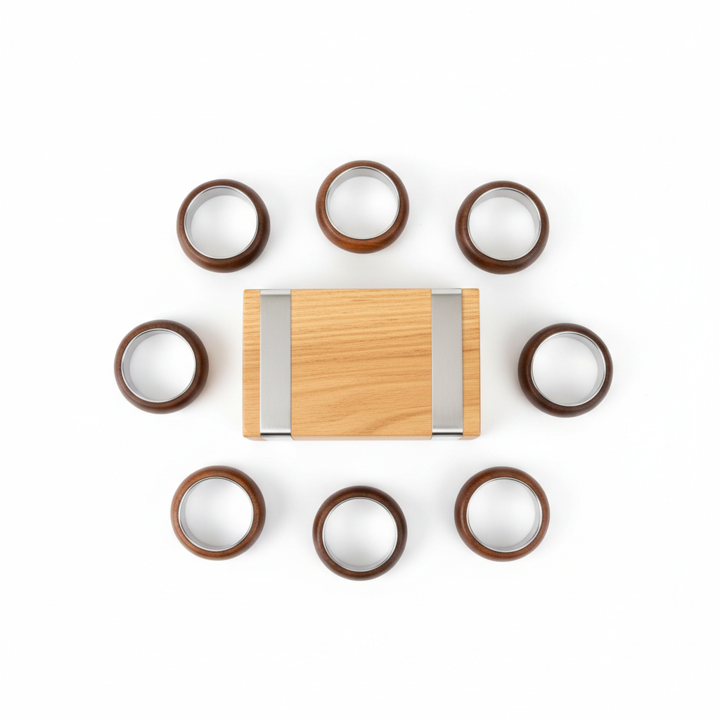 Overhead flat lay showing holder and all rings arranged