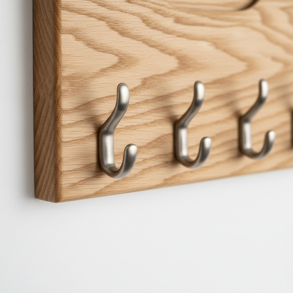 Close-up of metal key hooks and wood grain detail