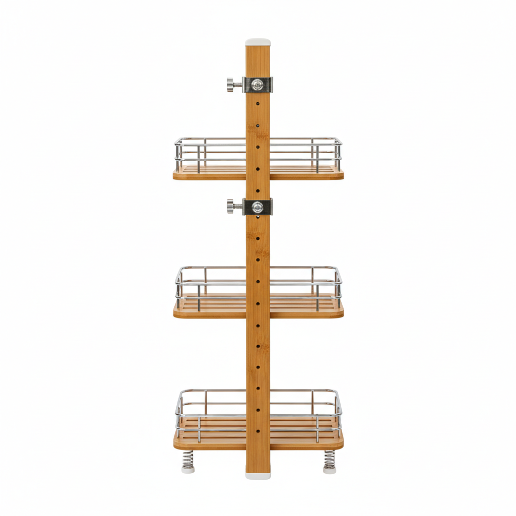 Bamboo shower caddy back view showing height adjustment