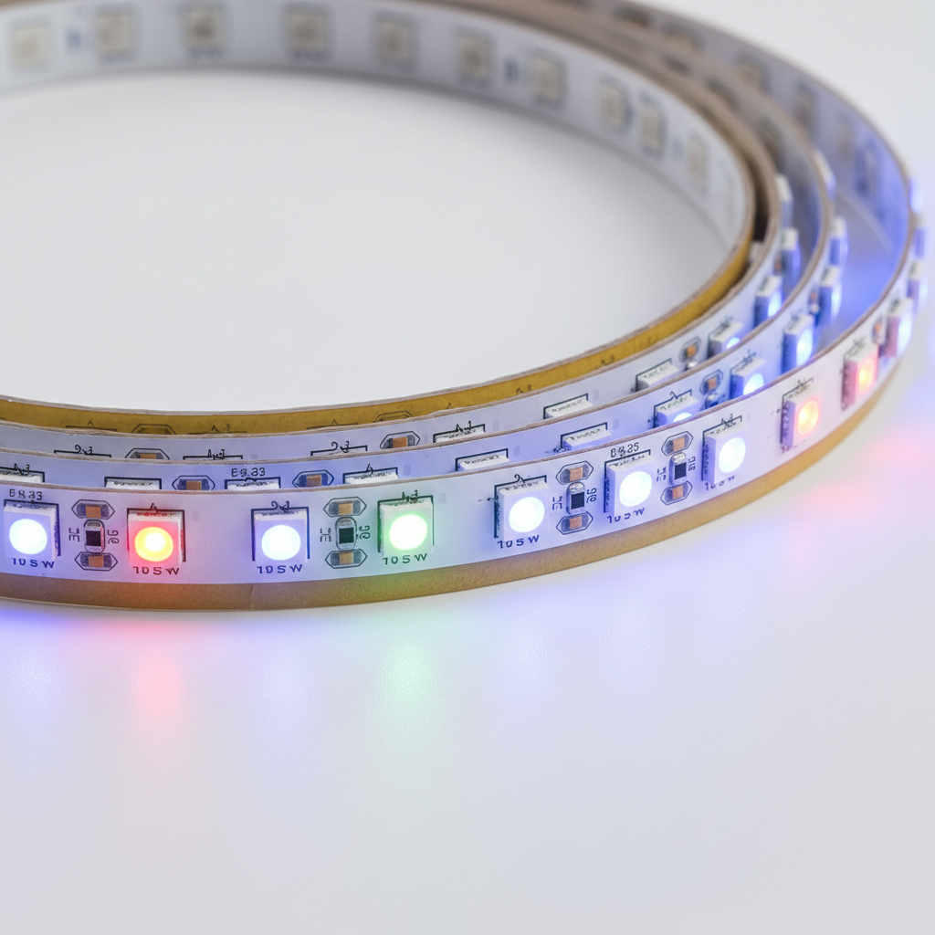 Close-up of individual RGB LEDs and adhesive backing