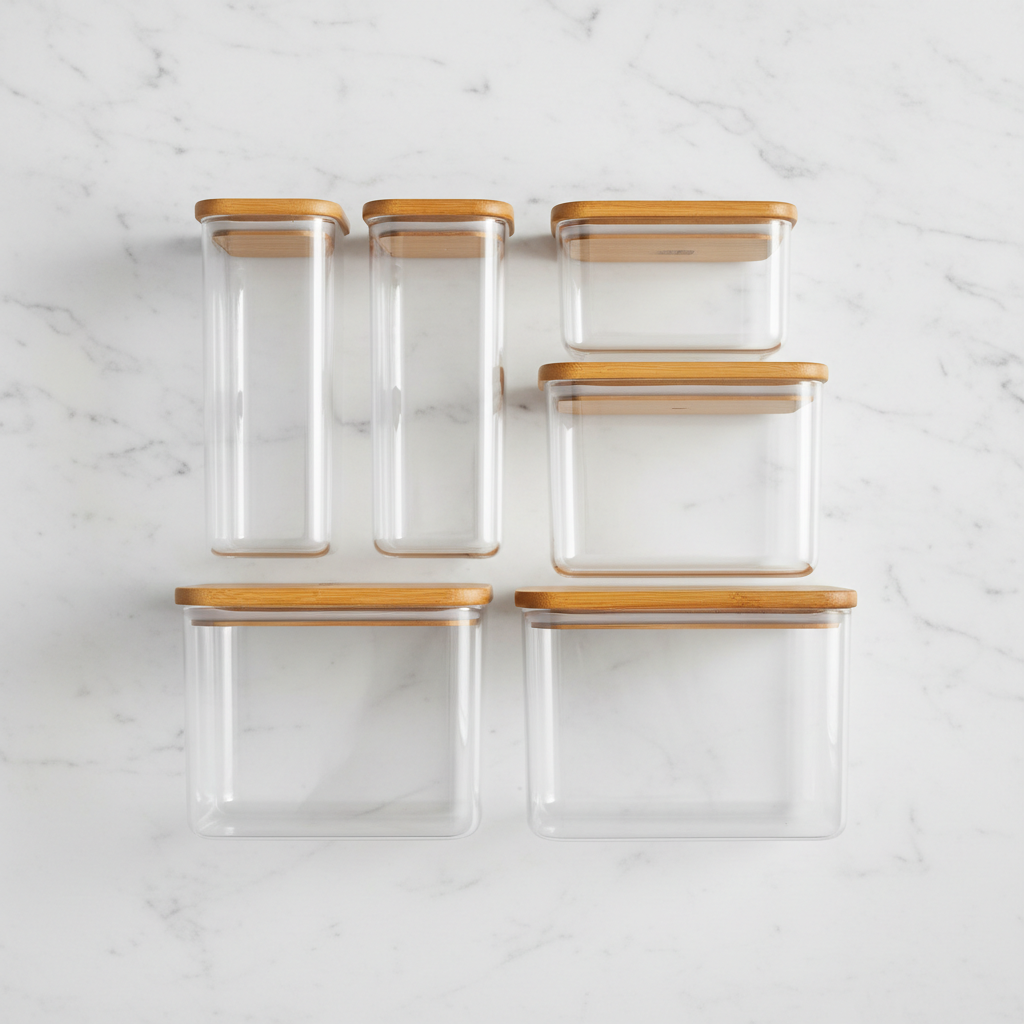 Pantry containers overhead flat lay