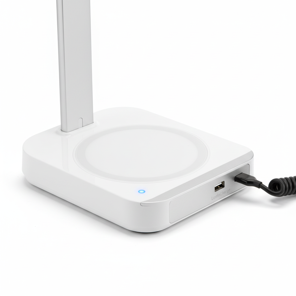Close-up of wireless charging pad base with USB port