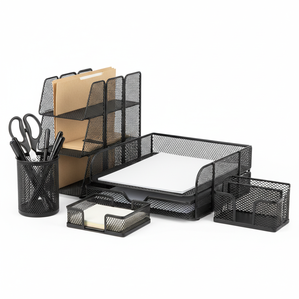 Mesh desk organizer set all 5 pieces arranged together