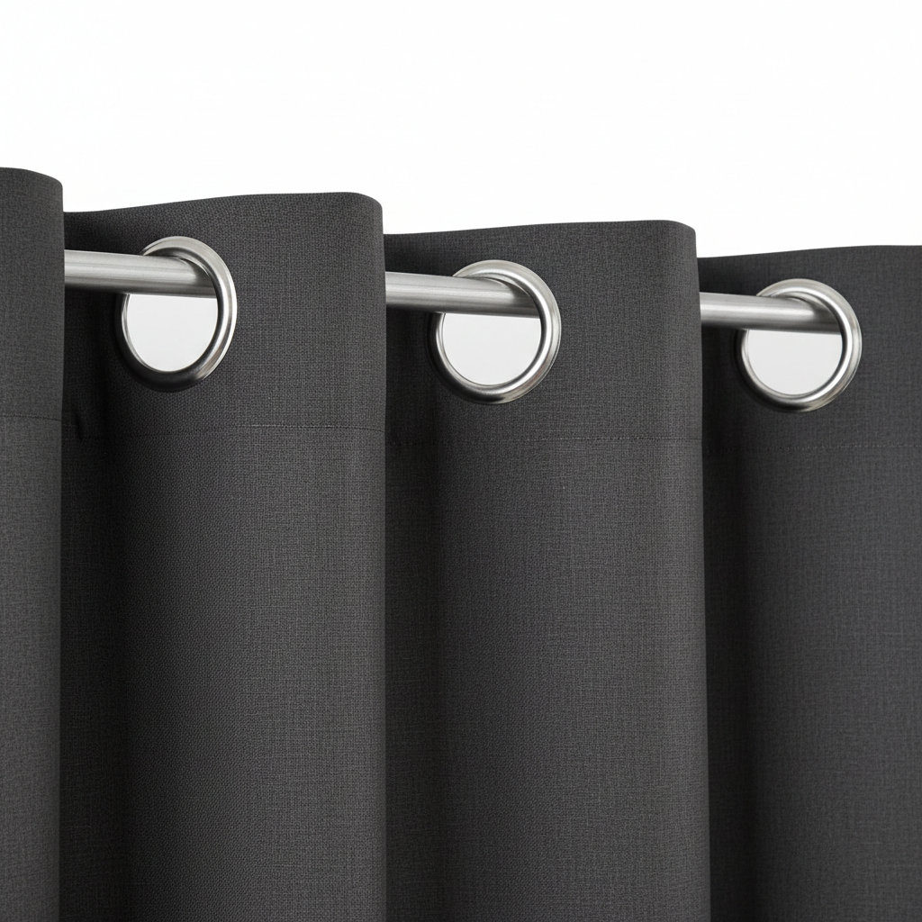 Silver metal grommet rings on dark grey fabric header