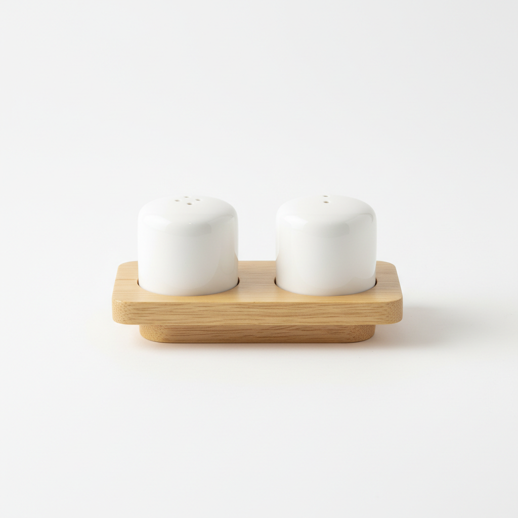 Ceramic salt and pepper shaker set with wood stand front view
