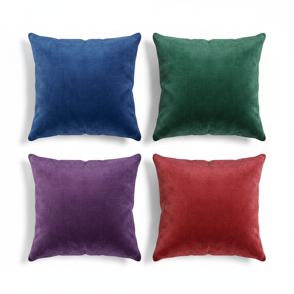 All 4 velvet throw pillows flat lay overhead view
