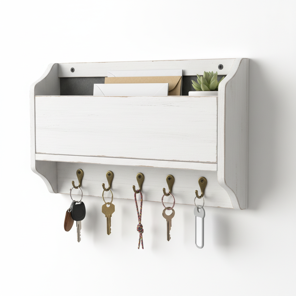 3/4 angle showing mail slot depth and keys on hooks