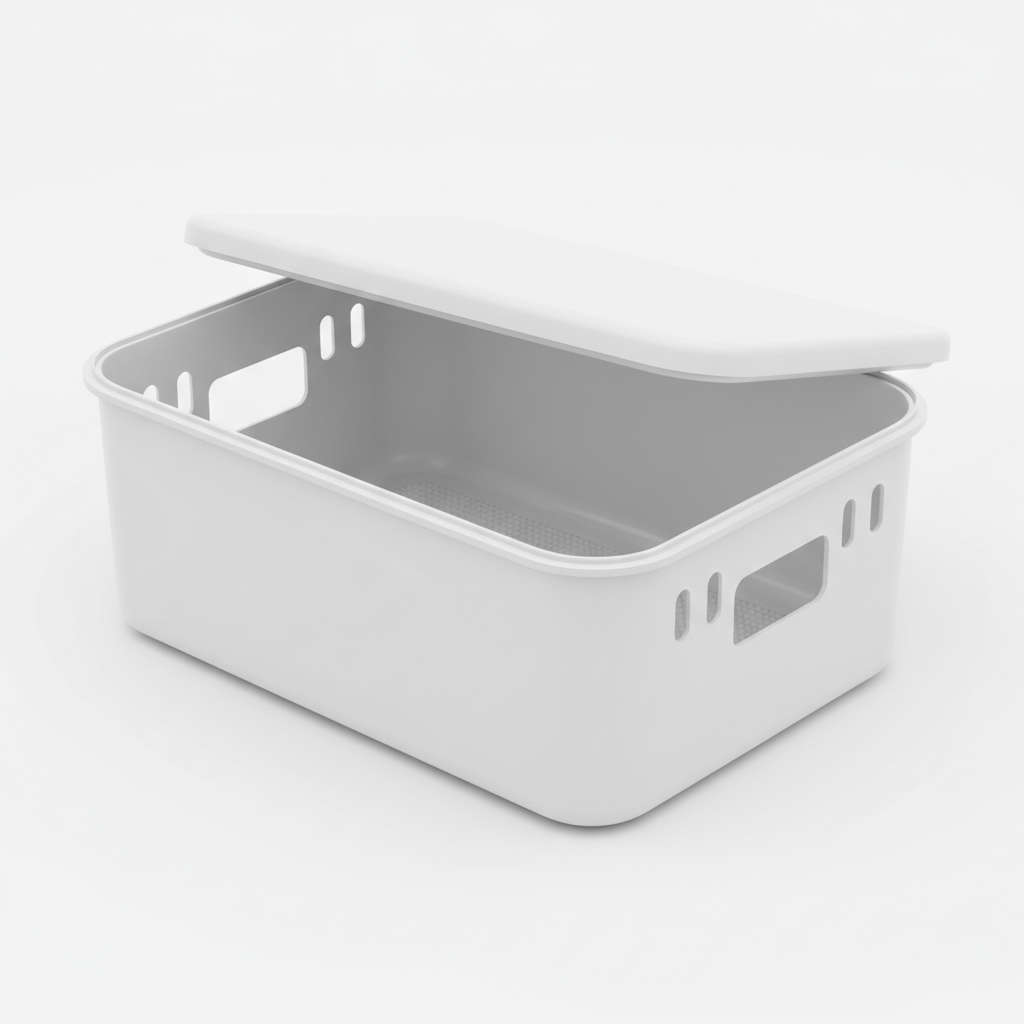 Cable management box with lid open showing interior capacity