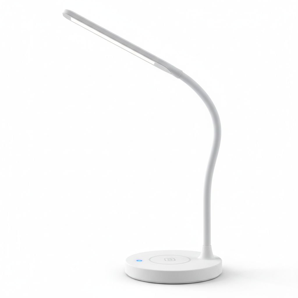 LED desk lamp side profile showing slim head and flexible neck