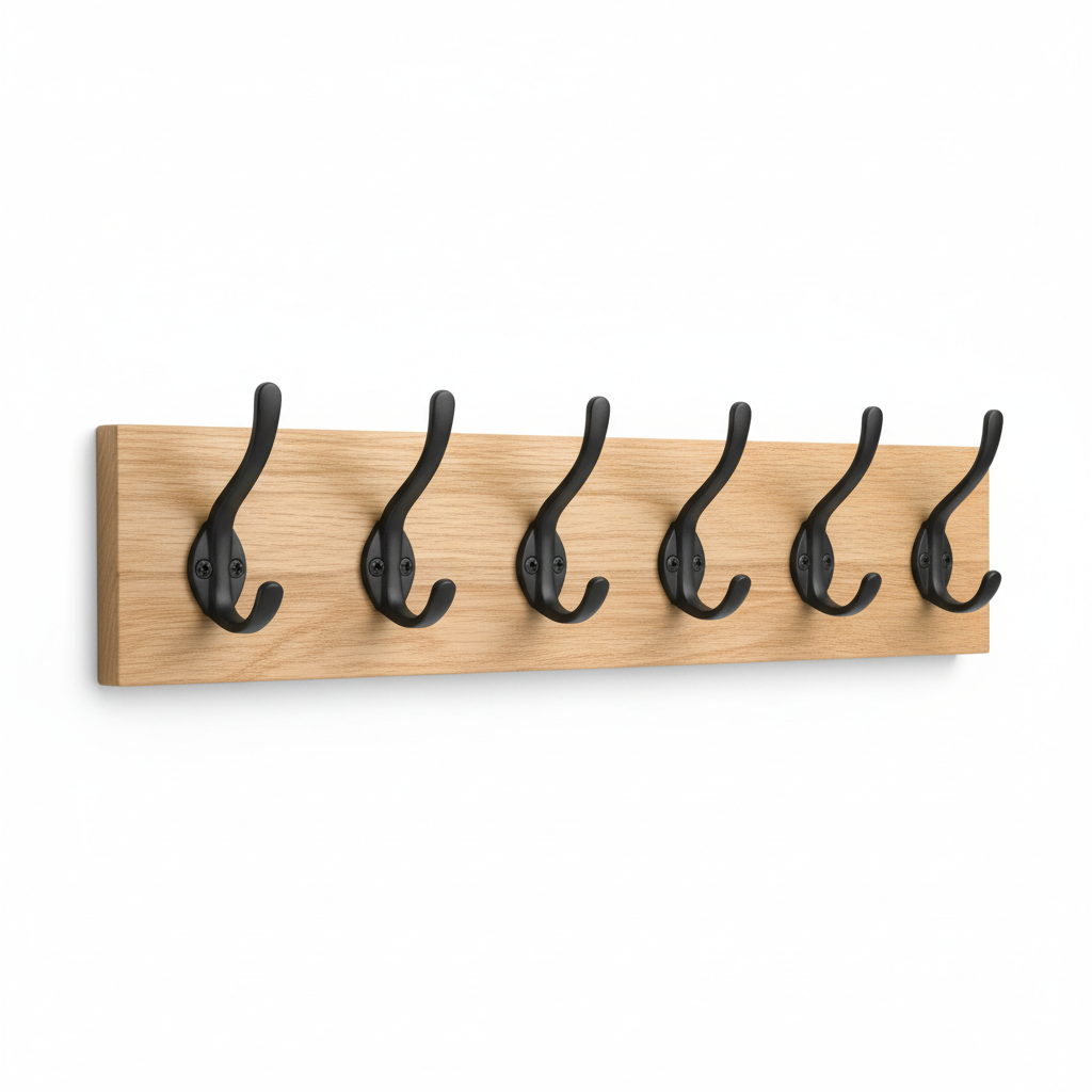 Hook rack 3/4 angle view showing all hooks and wood board